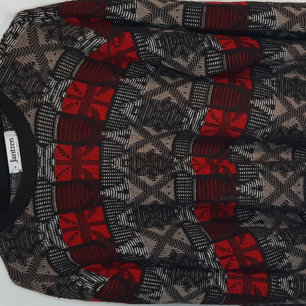 Jantzen patterned sweater med M brown and red vintage styling pullover crewneck